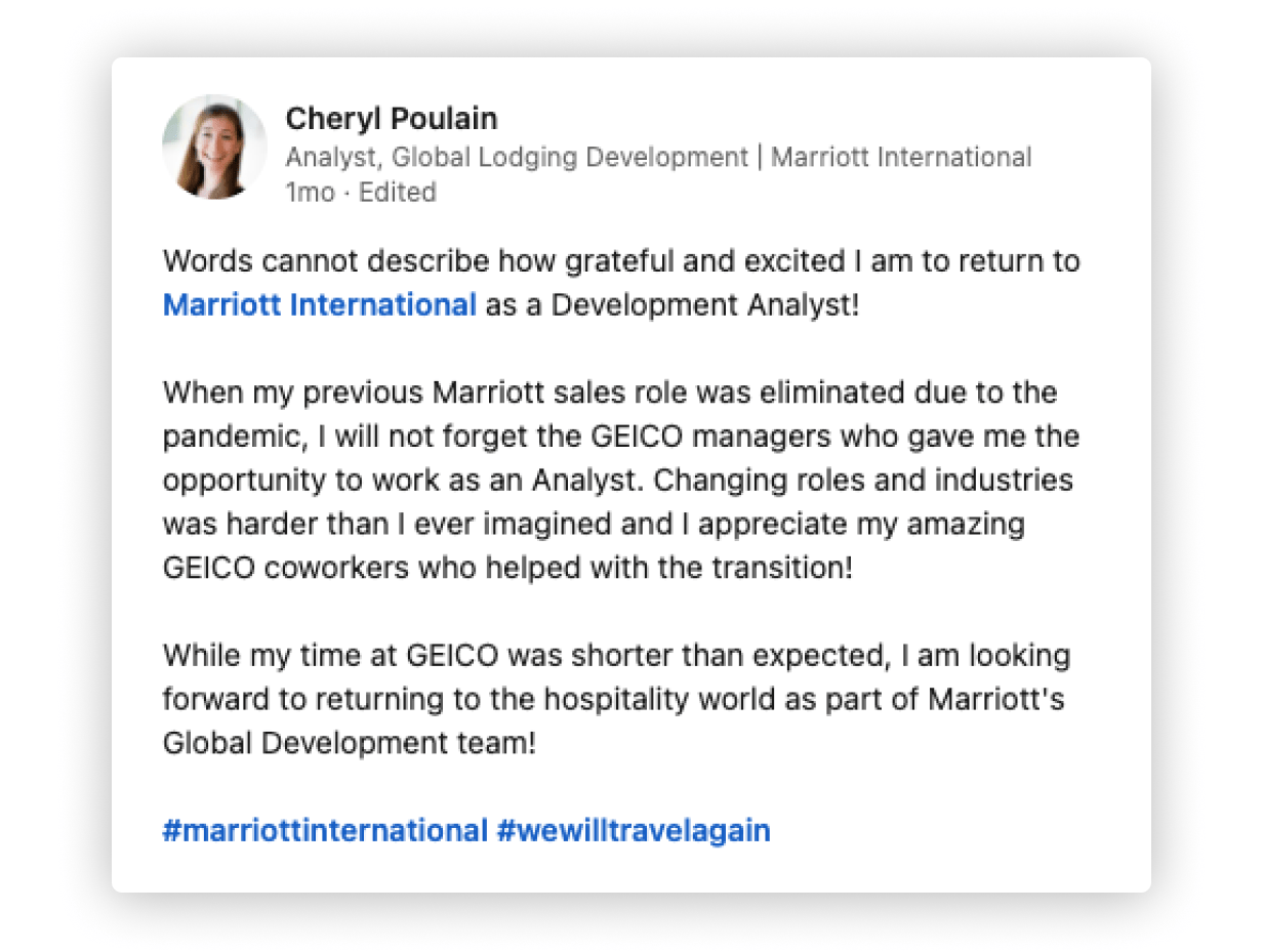 A LinkedIn post from Cheryl about her career change journey