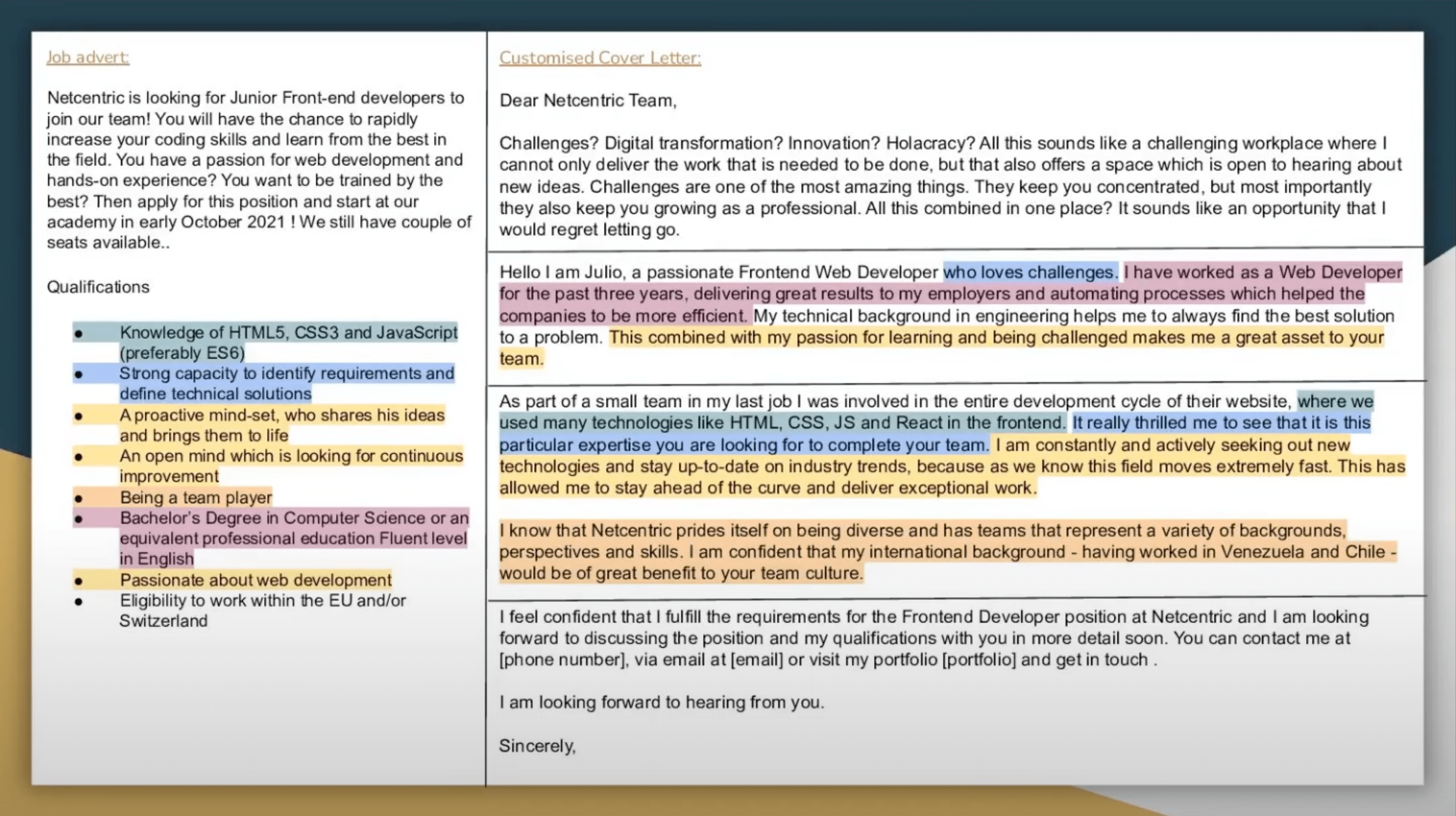 An image taken from Julio's presentation about his cover letter